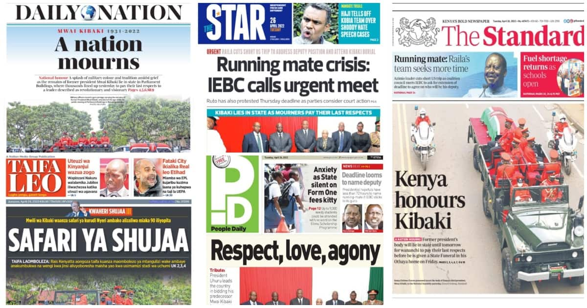 Newspaper Review For April 26: Rare Moment as Uhuru, Ruto Meet at Mwai Kibaki's Body Viewing