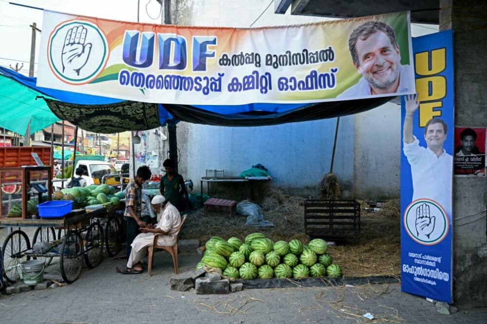 Election banners of Congress leader Rahul Gandhi installed at a shop in Wayanad