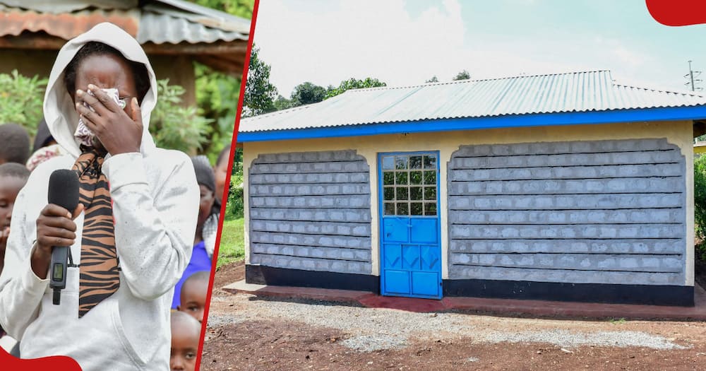 Kericho mum Joan (l) in tears after being gifted new house (r).