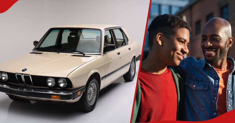 A collage of a BMW vehicle and a parent with his son