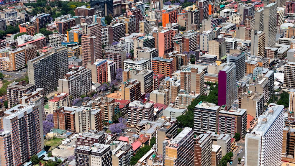 Aerial view of high-rise office buildings in Johannesburg, South Africa.
