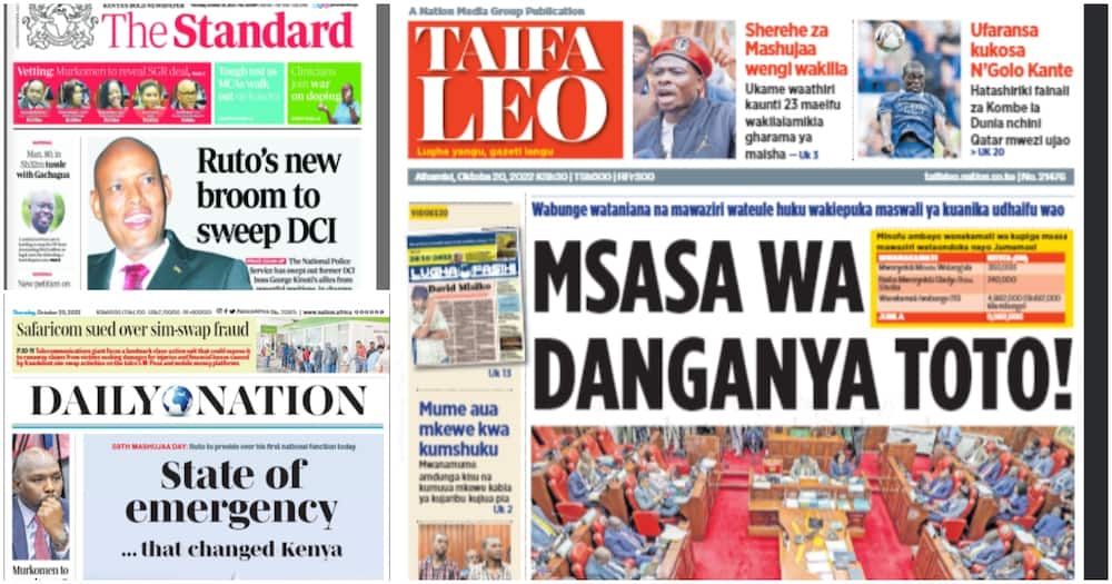 Kenyan newspapers. Photo: Screengrabs from The Standard, Daily Nation and Taifa Leo.