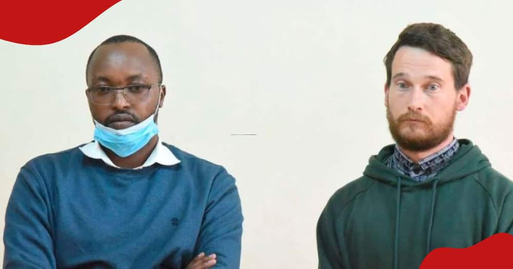 Swiss national Bassile Samuel David Moreillon (r) and Kenyan Geoffrey Kibet Bwambok (l) at Iten Law Courts.