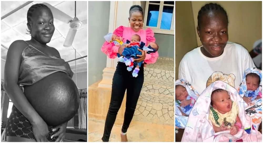 Photos of a Nigerian mum showing off her cute triplets.