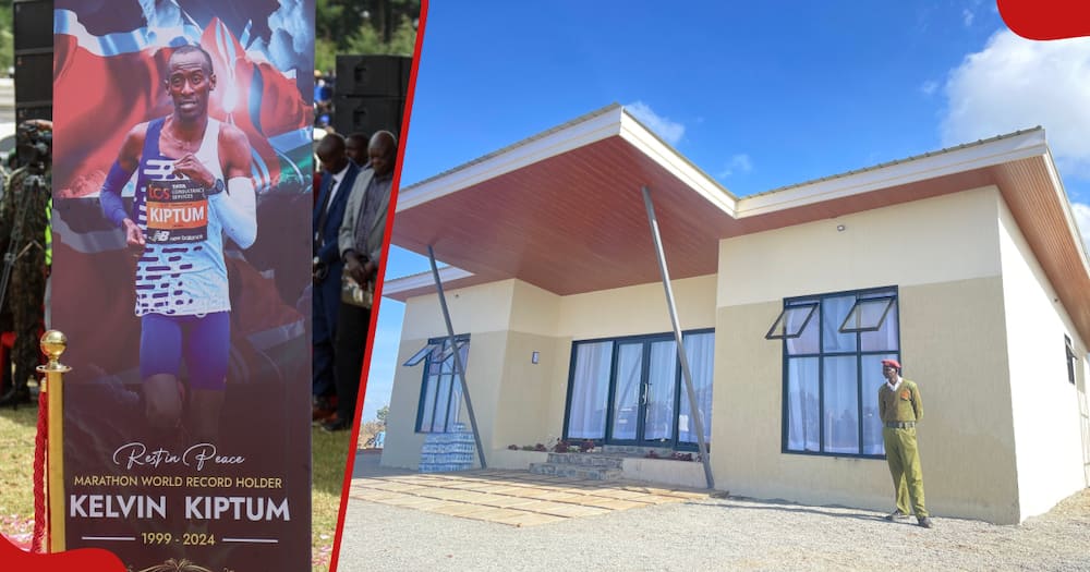 Collage of Kelvin Kiptum's banner and house