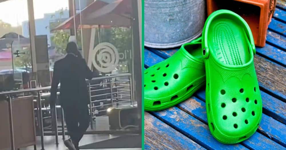 A TikTok video shows a man dressed in a suit while rocking Crocs.