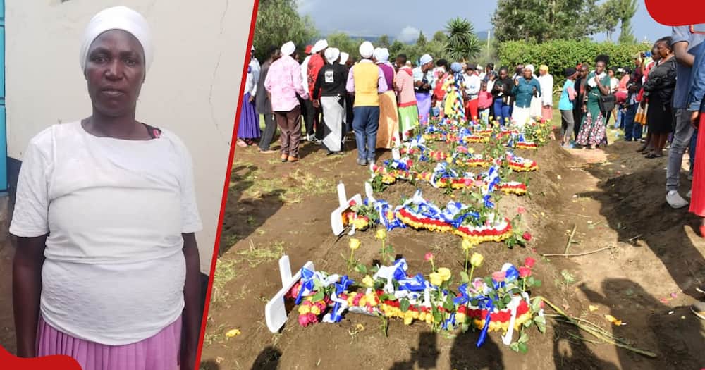 Mary Muthoni, who is mourning eight family members, and the next frame shows the graves of her departed kin at Longonot cemetery.