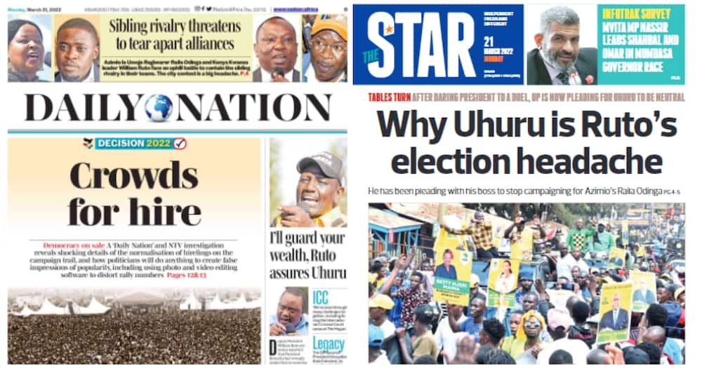 Kenyan Newspapers Review For March 21: Deputy President William Ruto has been pleading with President Uhuru Kenyatta not to back ODM leader Raila Odinga.