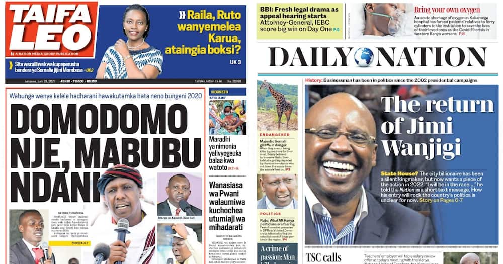 Newspapers review for Tuesday, June 29. Photo: Screengrabs from Taifa Leo and Daily Nation.