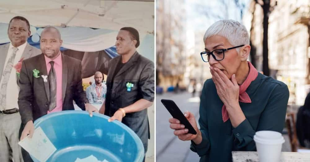 A teacher was awarded a large plastic dish for all his hard work.