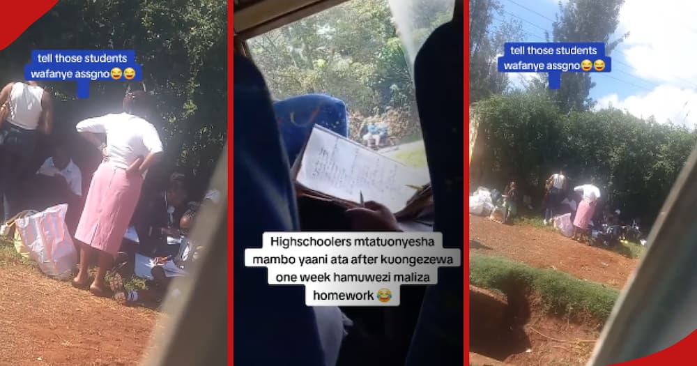 A group of students could be seen struggling to comlete their assignment outside the school gate while others were doing it in a matatu.