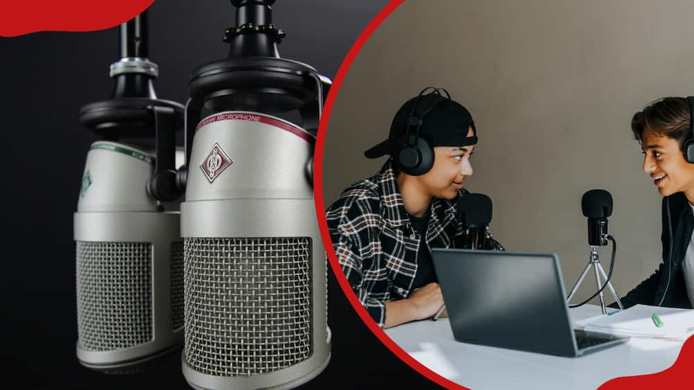 A collage of two grey condenser microphones and two men who are podcasting