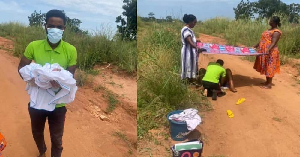 Nurse at Amartey CHIPS in Kwahu District delivers baby in the middle of a dusty road.