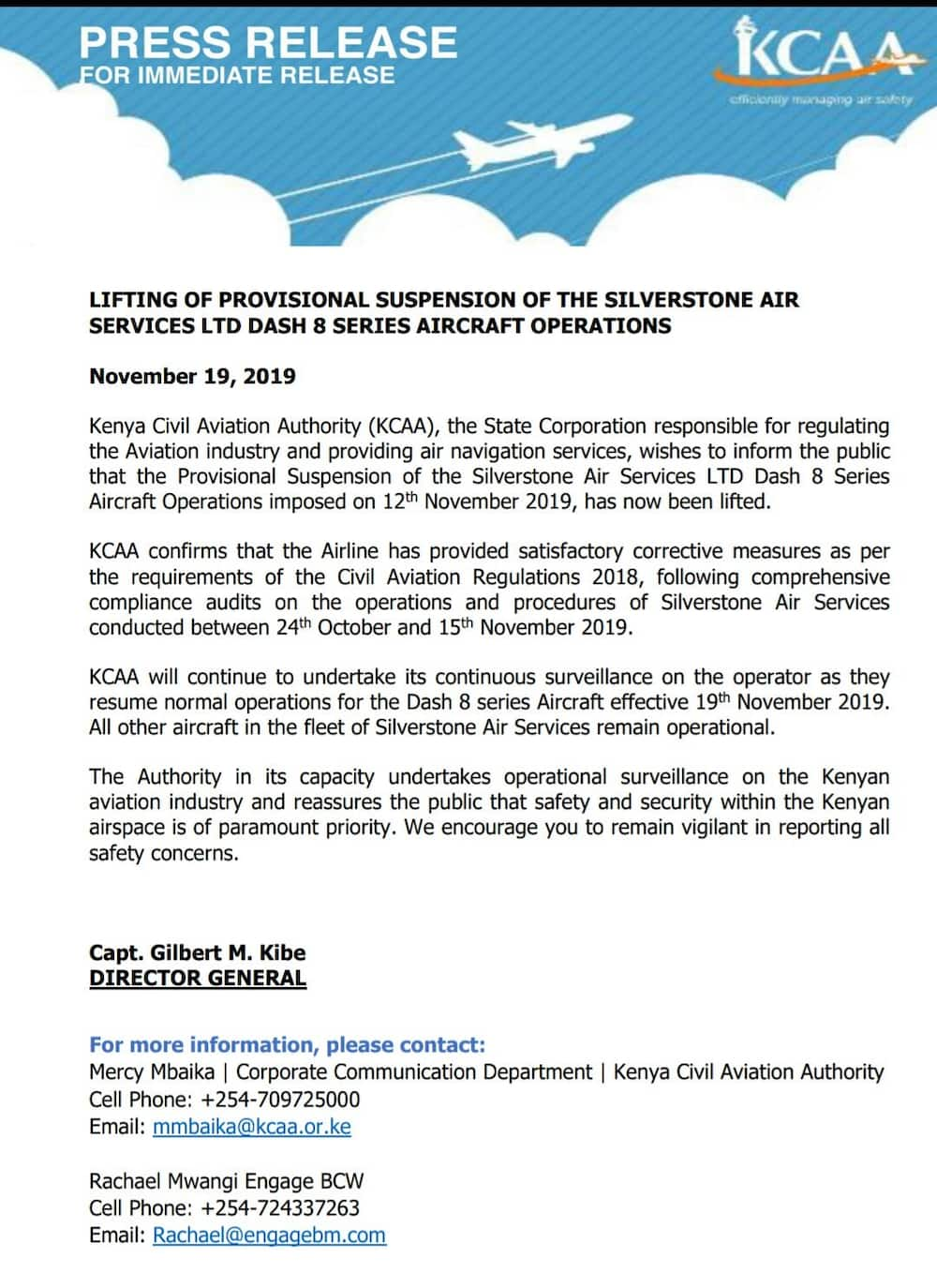 KCAA lifts suspension of Silverstone Airline's Dash 8 aircraft