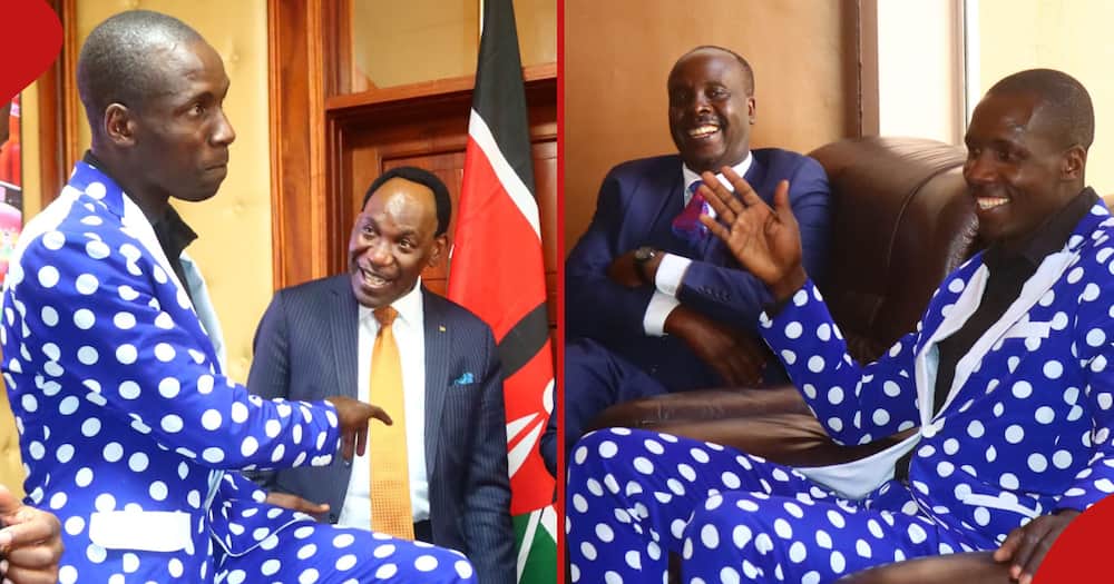Embarambamba shares light moments with Ezekiel Mutua (l). In the right frame, Embarambamba is with his lawyer Danstan Omari.