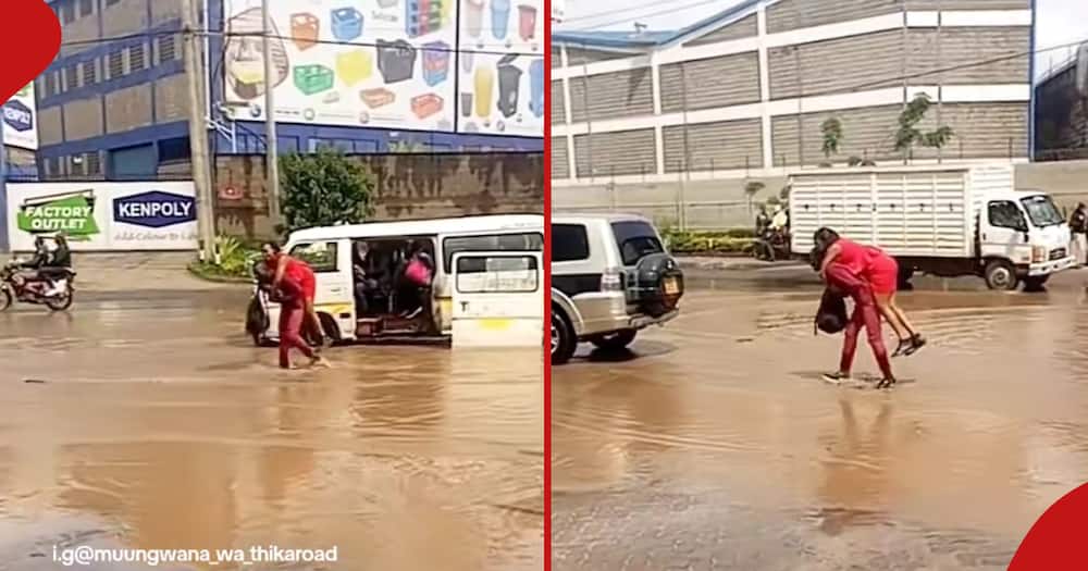 A compassionate tout stepped forward to aid HIS passengers after his matatu broke down in flood waters