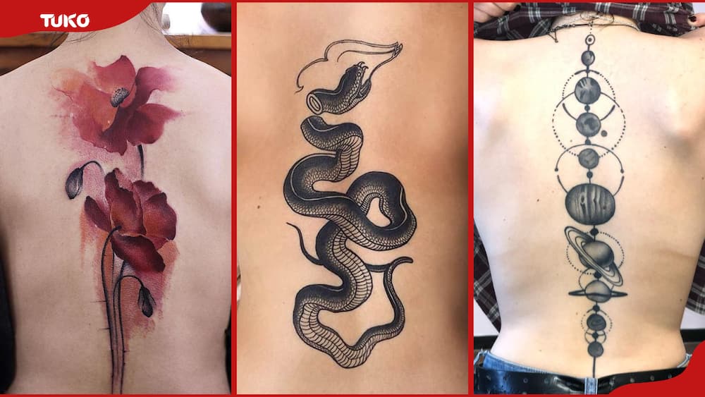 Watercolour, snake and solar system back tattoos for women