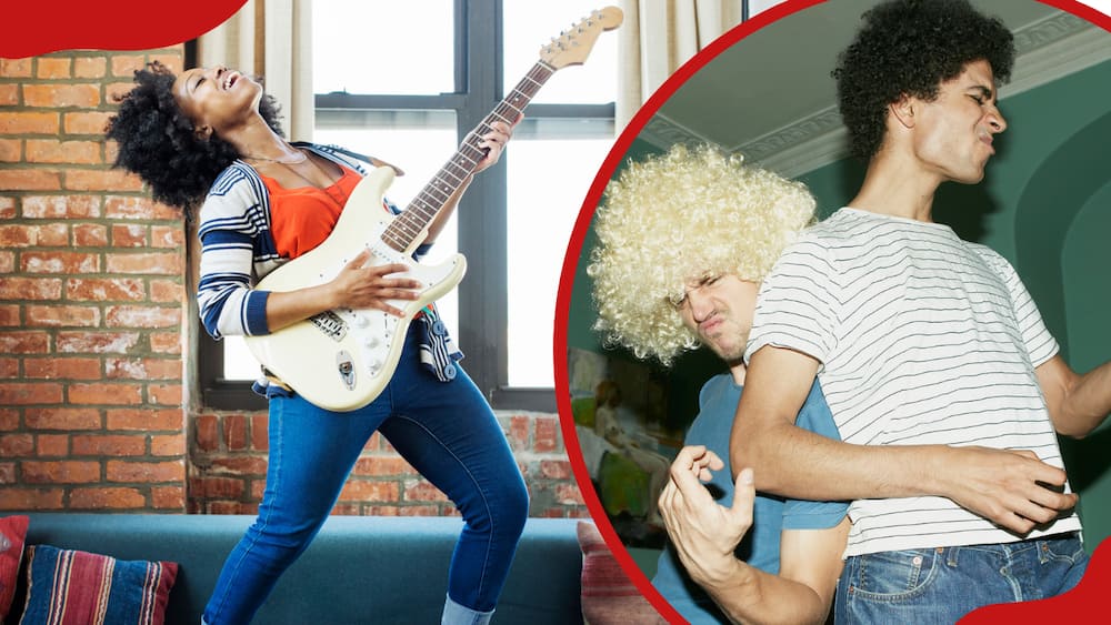 A happy woman singing while playing the guitar on a sofa (L), two men playing air guitar and dancing (R).
