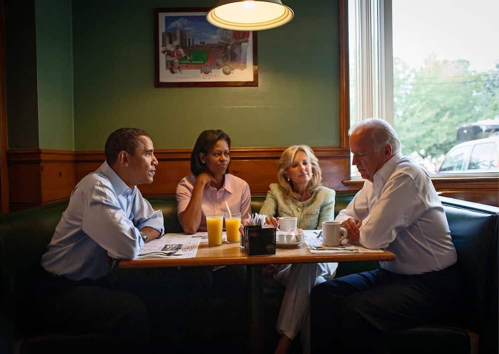 The Obamas share breakfast with the vice-president, Joe Biden, and his wife
