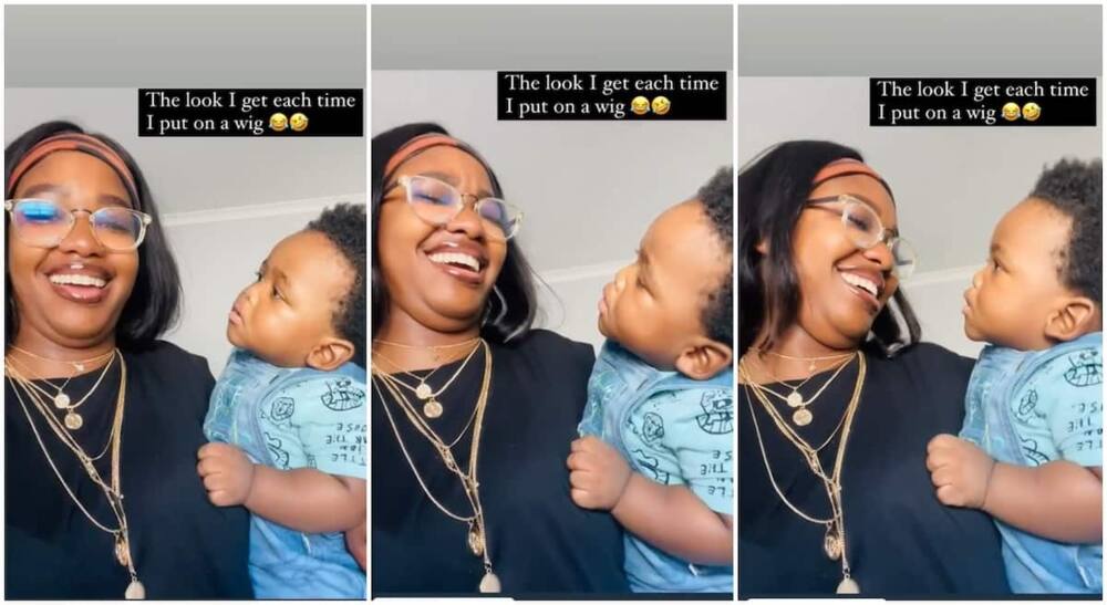 Photos of a boy looking at his mother after she wore wig. Photo: TikTok/@oratiile_.