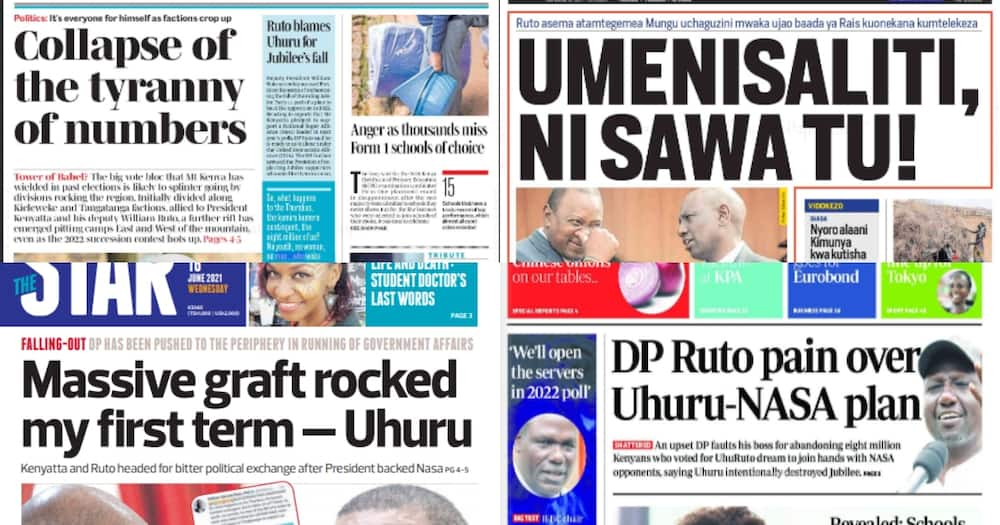 Newspapers Review for June 16: Ruto Accuses Uhuru of Wrecking Jubilee, Neglecting Supporters