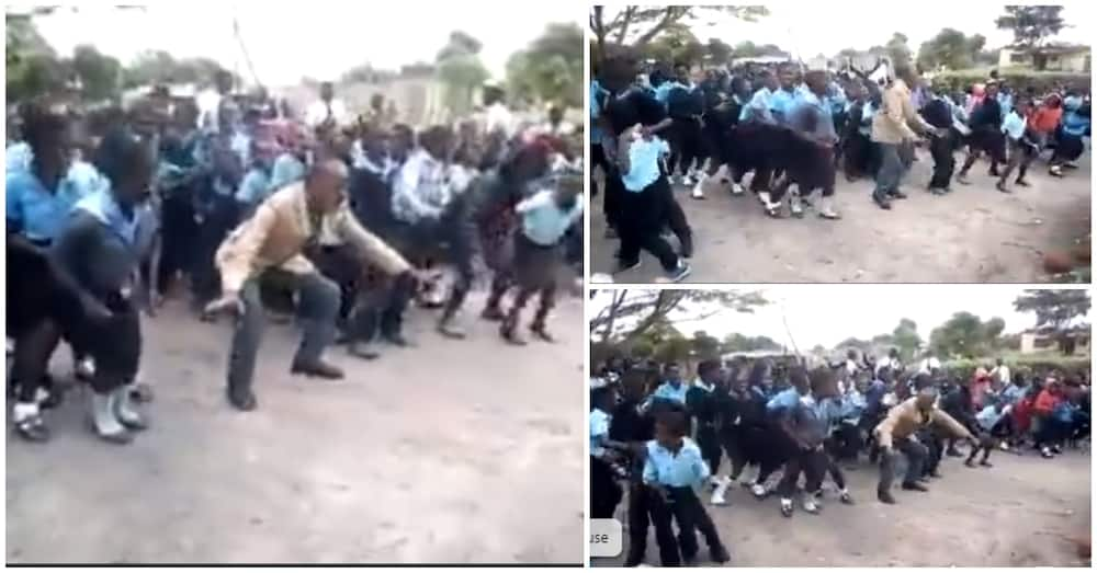 Video of teacher leading school kids in dance.