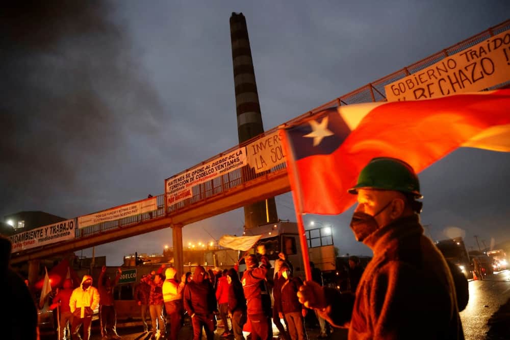 Miners block access to the Ventanas copper smelter in Chile during the start of an "undefined" national strike of workers of the state mining company Codelco -- the world's largest copper producer