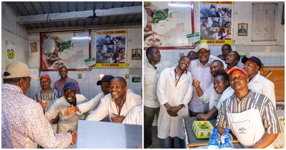 President Uhuru enjoys nyama choma at locall stall.