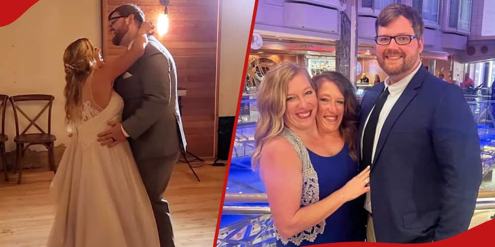 Left: Abby and her husband engage in a dance at their wedding. Right: The conjoined twins share a moment with Abby's husband.