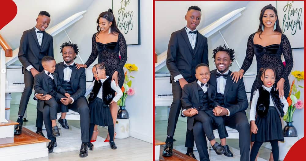 Kevin Bahati, Diana Marua and their kids match in black attire in a lovely family photo.