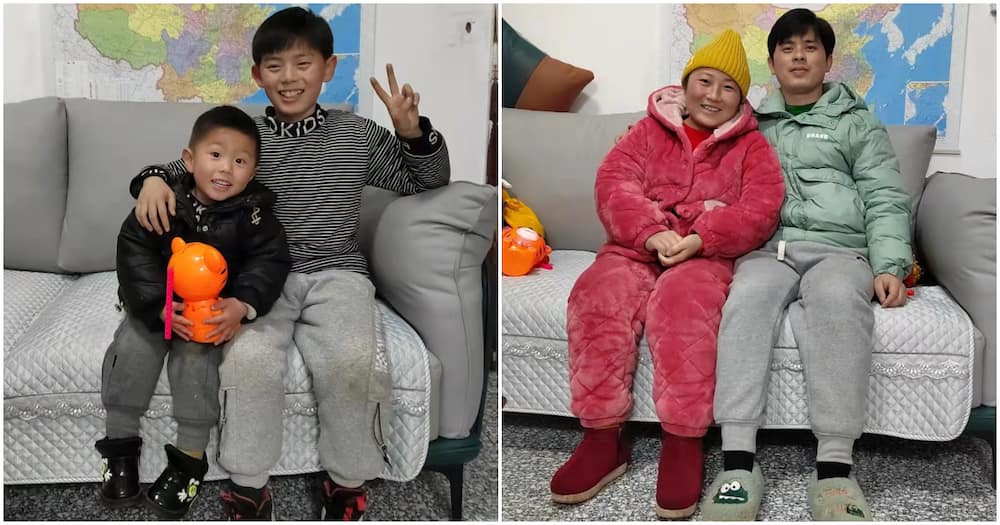 Cao Xuanyi and her younger brother (l) with their parents (r).
