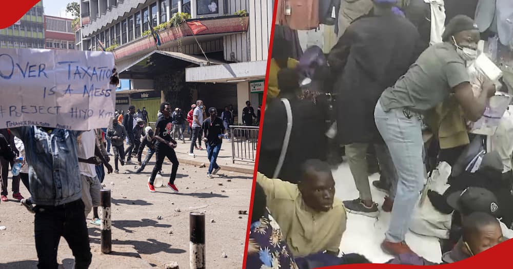 Collage of protesters (l) and people looting shop (r)