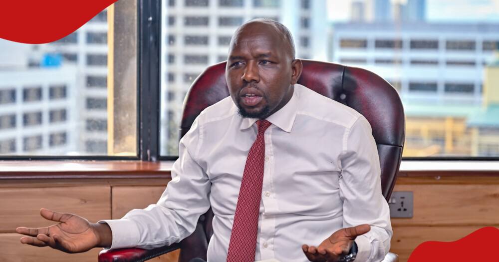 Transport Cabinet Secretary Kipchumba Murkomen speaking at a meeting in his office.