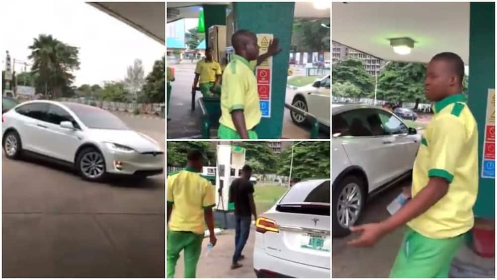 Man takes Tesla Electric Car to Buy Fuel at Filling Station in Lagos, Petrol Attendant Becomes Confused
