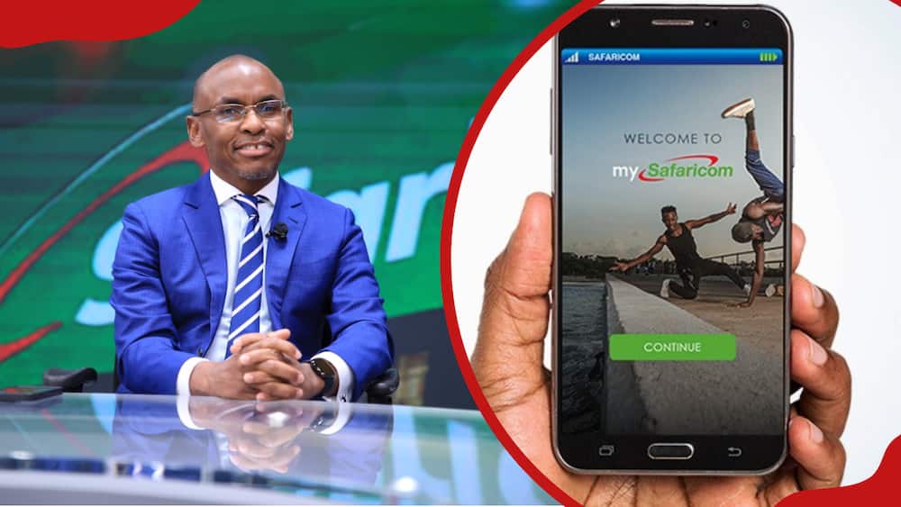 Safaricom CEO Peter Ndegwa (R), Safaricom App on display on a smartphone (L).
