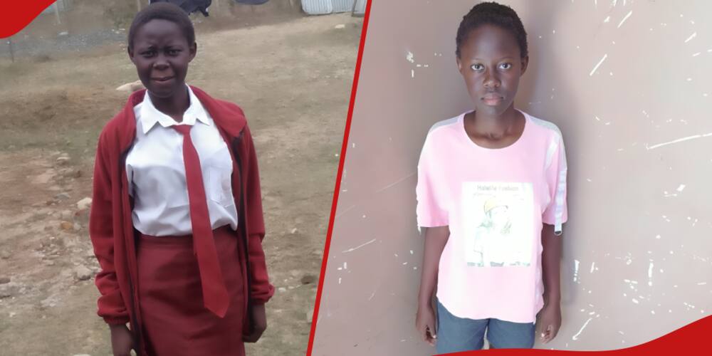 Left: Maryline in school uniform.
Right: Maryline at home after being sent away from school.