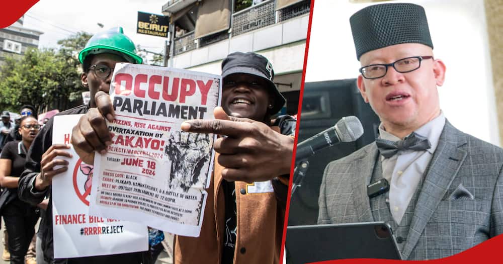 Collage of protesters (l) and Isaac Mwaura (r)