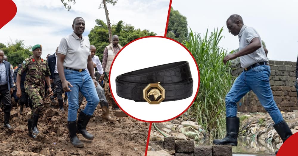 In the right and left frames President William Ruto visits slum dwellers to assess the damage costs by floods. Inset shows a black Stefano Ricci belt.