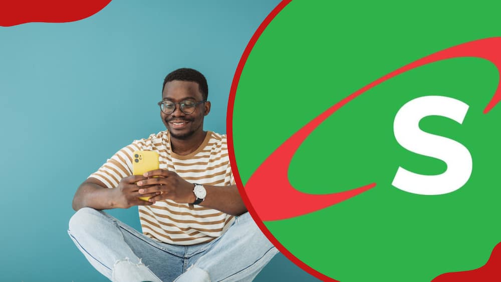 A collage of a man using his phone and the Safaricom logo