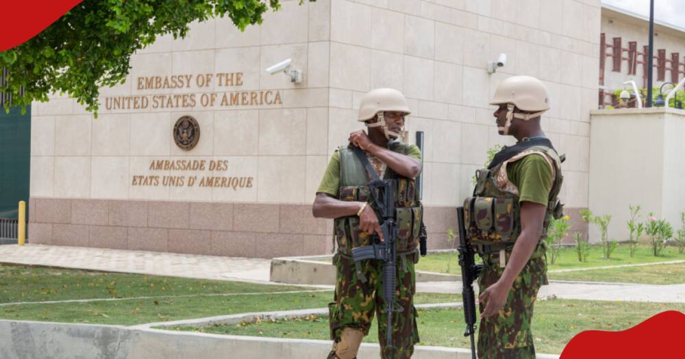 Kenyan police officers guarding the US Embassy in Haiti.