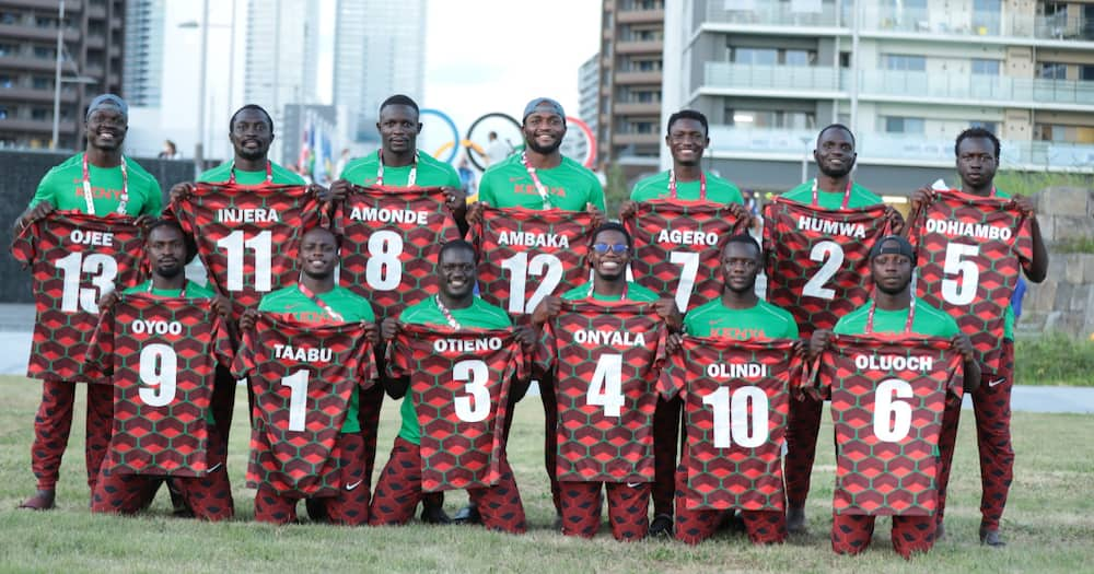 Kenya's Shujaa 7s team pose for a photo ahead of the 2020 Tokyo Olympics. Photo: Twitter/@Shujaa7s.