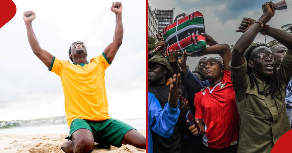 Kenyans during the anti-Finance Bill 2024 protests (right). A man kneeling.