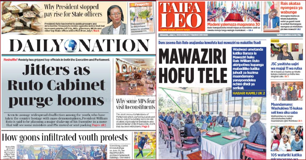 Front headlines for Daily Nation, Taifa Leo.