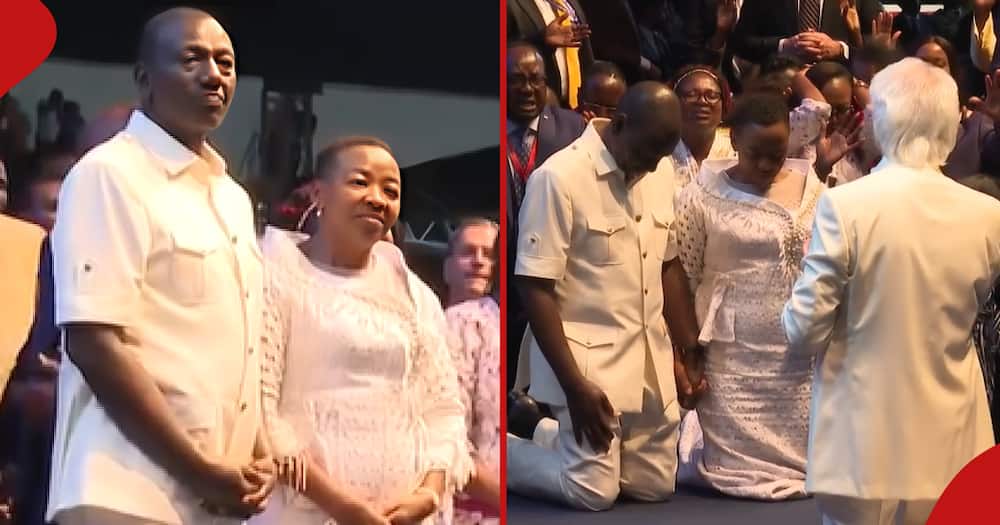 William Ruto and Rachel submits themselves for Benny Hinn's prayer. (R) is the first couple kneeling down as Hinn prays.