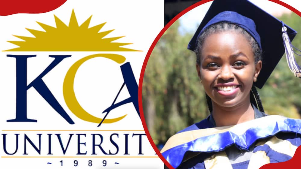 A photo of the KCA University logo and a student of KCA on her graduation day.