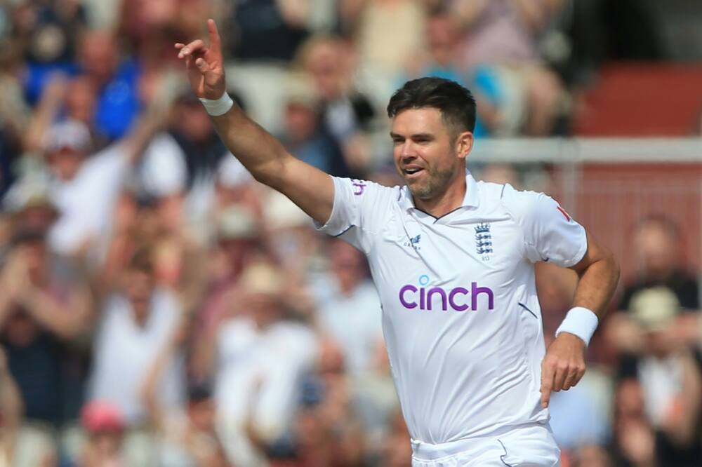 Got him - England's James Anderson celebrates his dismissal of South Africa captain Dean Elgar in the second Test at Old Trafford