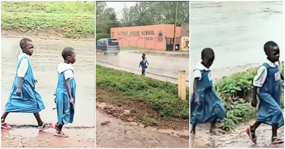 Shoes company looking for two little girls walking to school in rain.