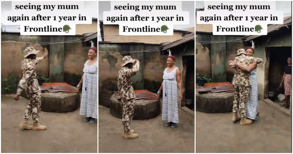 Nigerian soldier reunites with mum, soldier reunion videos, one year of fighting war, soldier marches for mum, soldier salutes mum