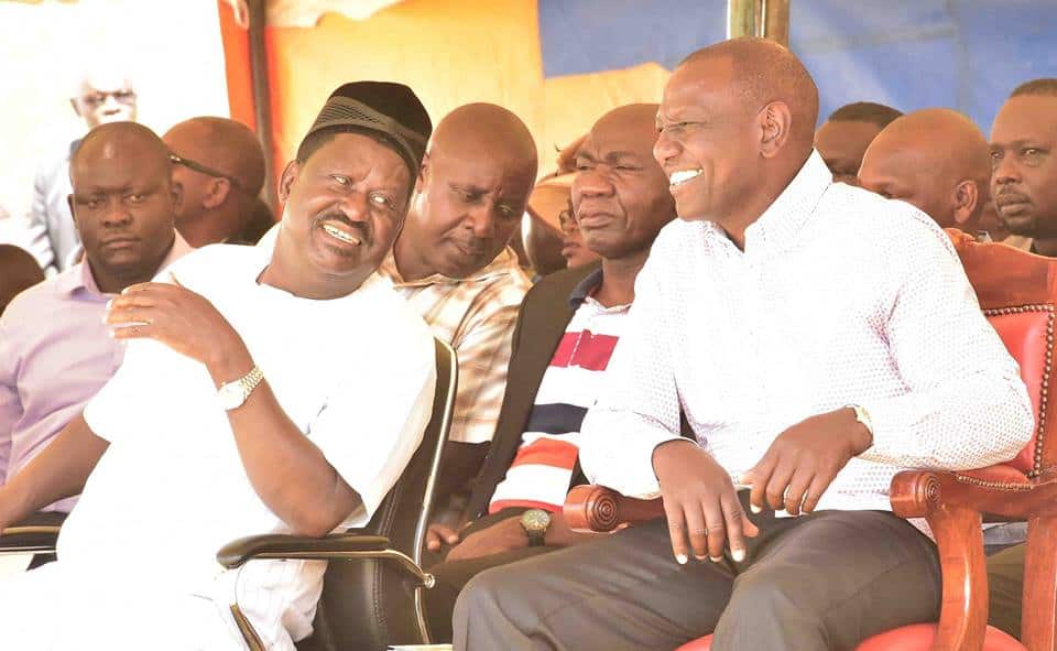 Raila Odinga(kushoto) na William Ruto katika hafla ya awali. Picha: Raila Odinga.