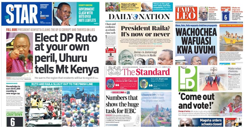 Screengrabs from The Standard, Daily Nation, The Star, People Daily and Taifa Leo.